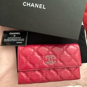 Authentic CHANEL Quilted Lambskin large Wallet in deep-Red